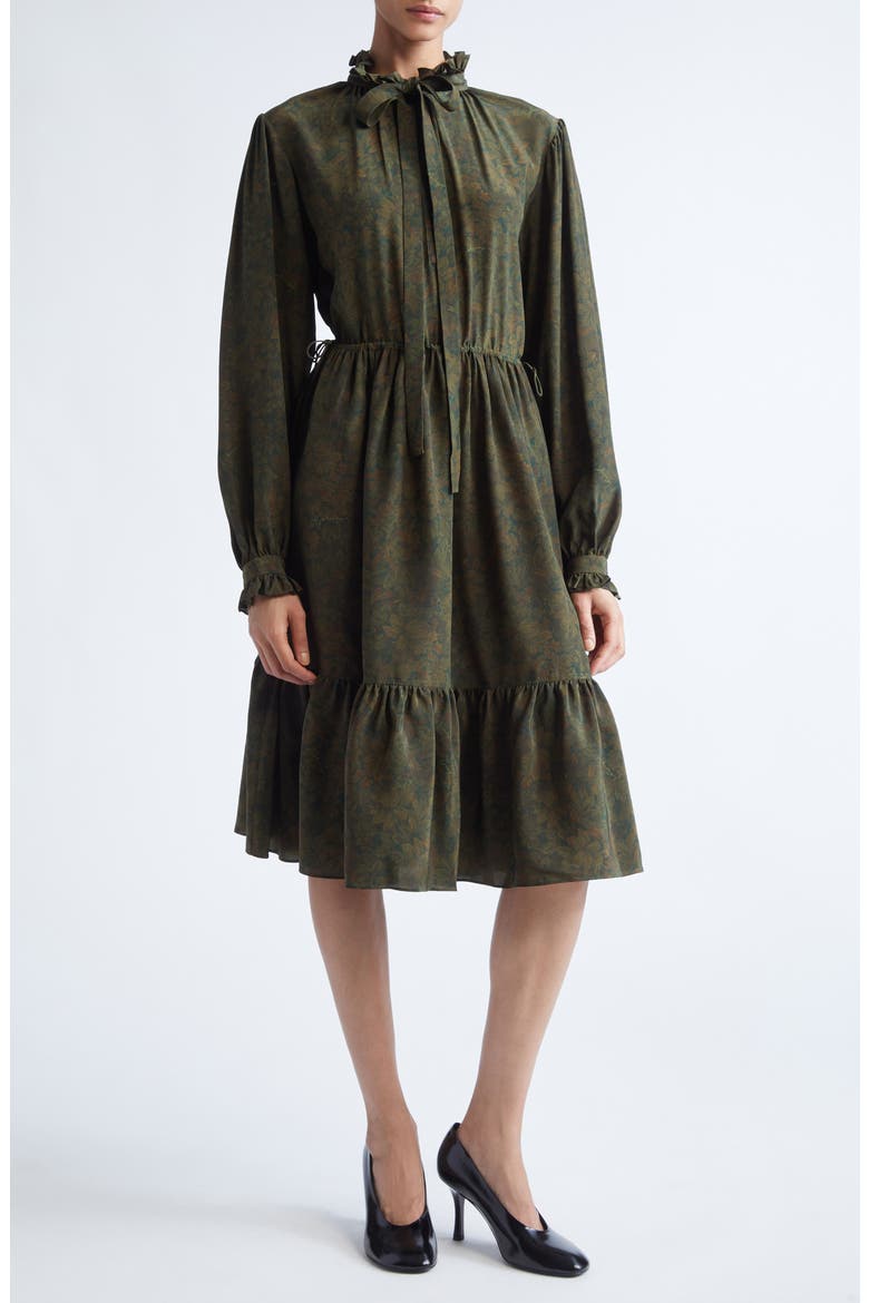 Colette Floral Tie Neck Long Sleeve Tiered Silk Dress, Main, color, MOAT IP PATTERN
