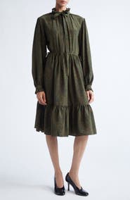 Burberry Colette Floral Tie Neck Long Sleeve Tiered Silk Dress