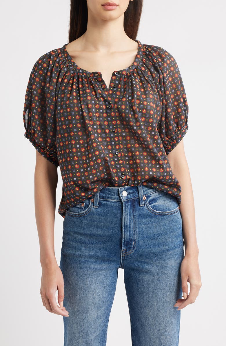 DÔEN June Puff Sleeve Organic Cotton Top, Main, color, Noir Montmartre Foulard