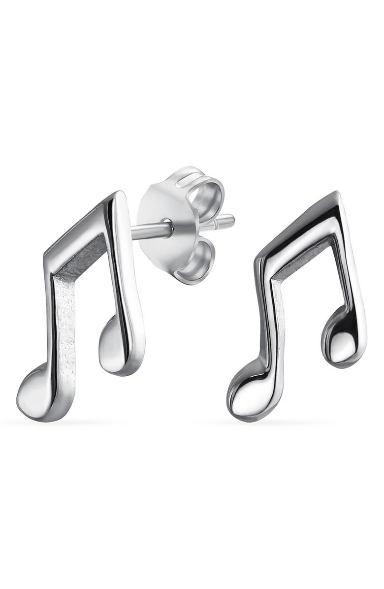 BLING JEWELRY Tiny Dainty Eighth Music Note Stud Earrings, Main, color, Silver