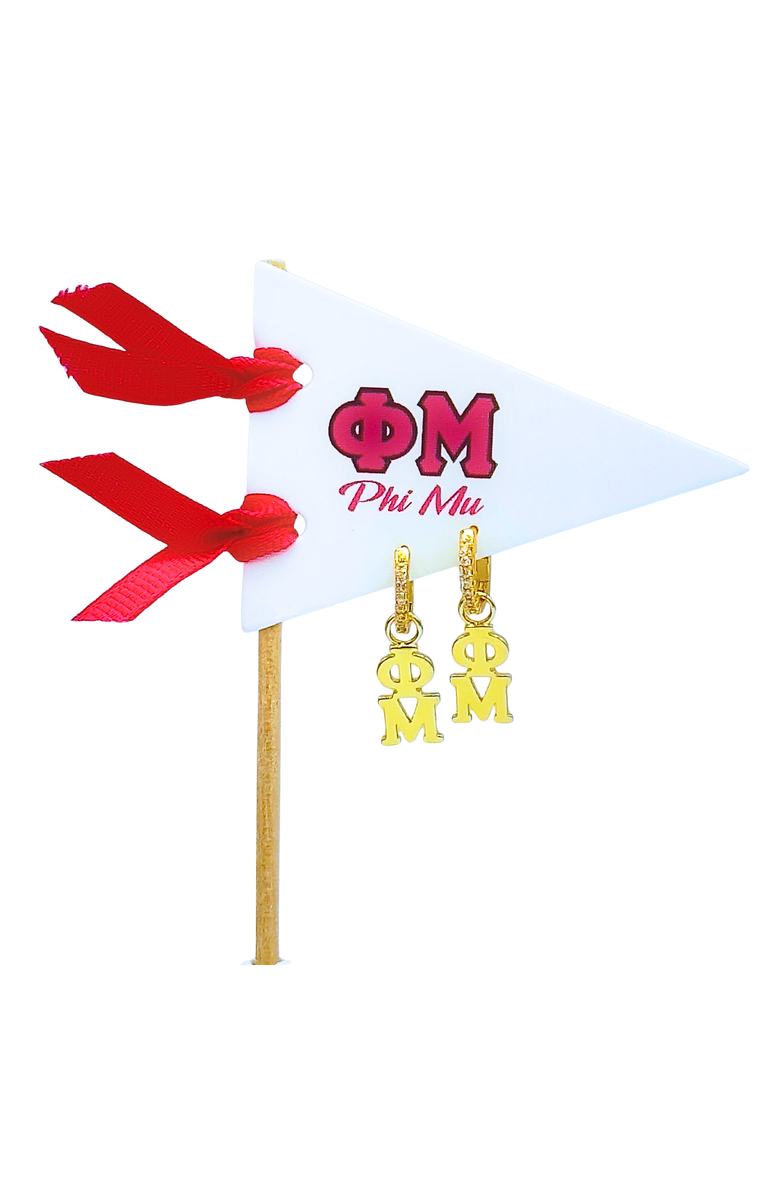 Color Shout Phi Mu Greek Letter Huggie + Charm Earrings, Main, color, Yellow Gold