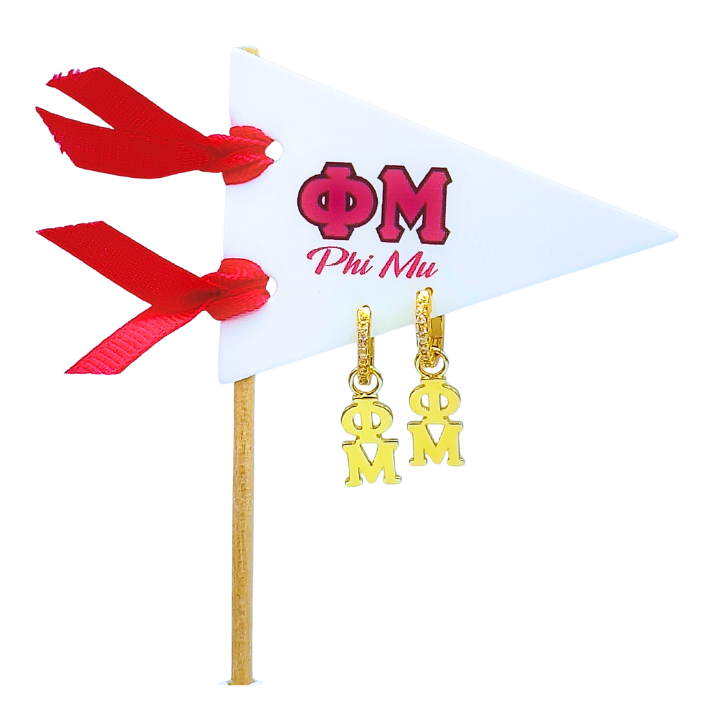 Color Shout Phi Mu Greek Letter Huggie + Charm Earrings In White