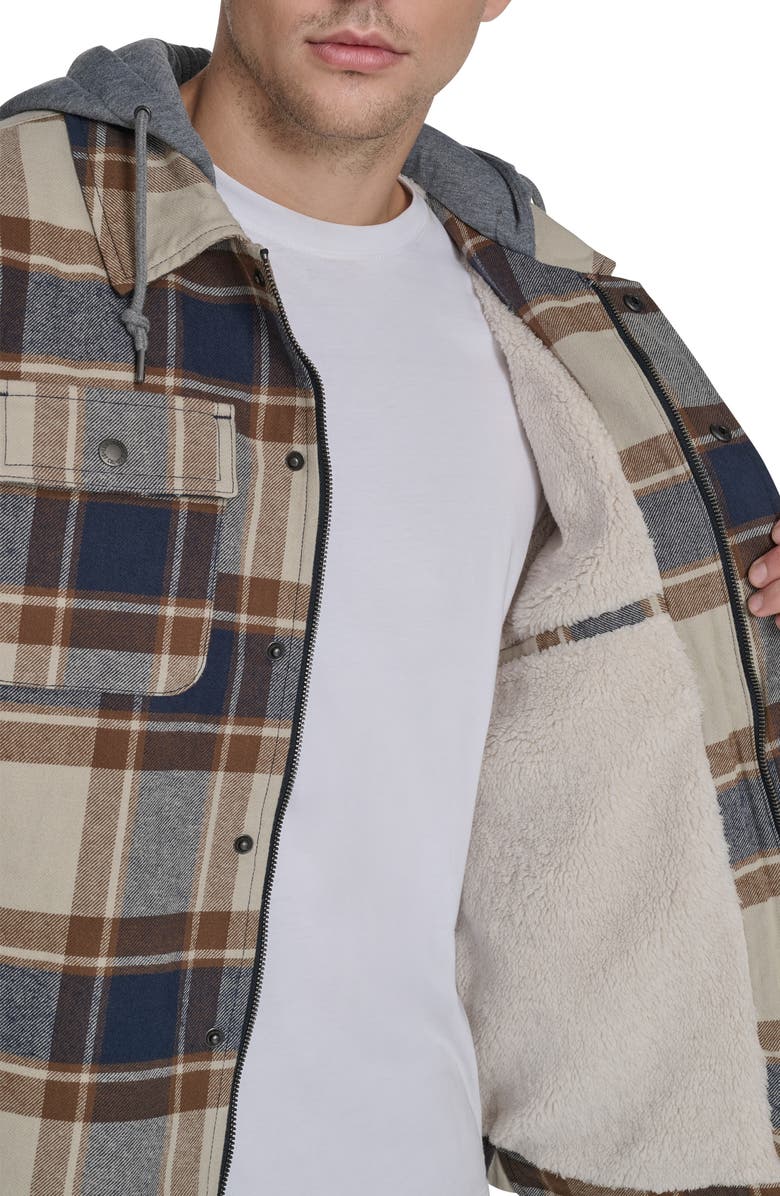 Levi's Plaid Faux Shearling Lined Jersey Hood Shirt Jacket, Alternate, color, British Tan