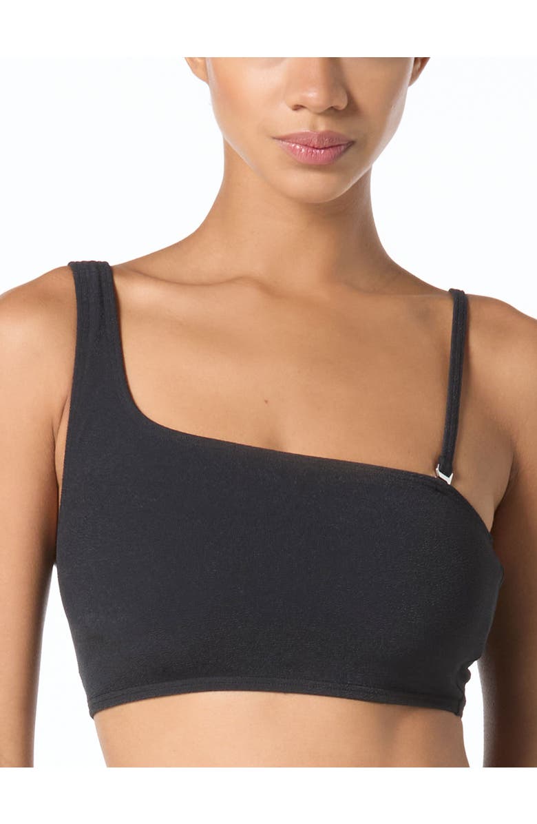MICHAEL Michael Kors Oval Link Crepe Solids One Shoulder Swim Top, Alternate, color, Black