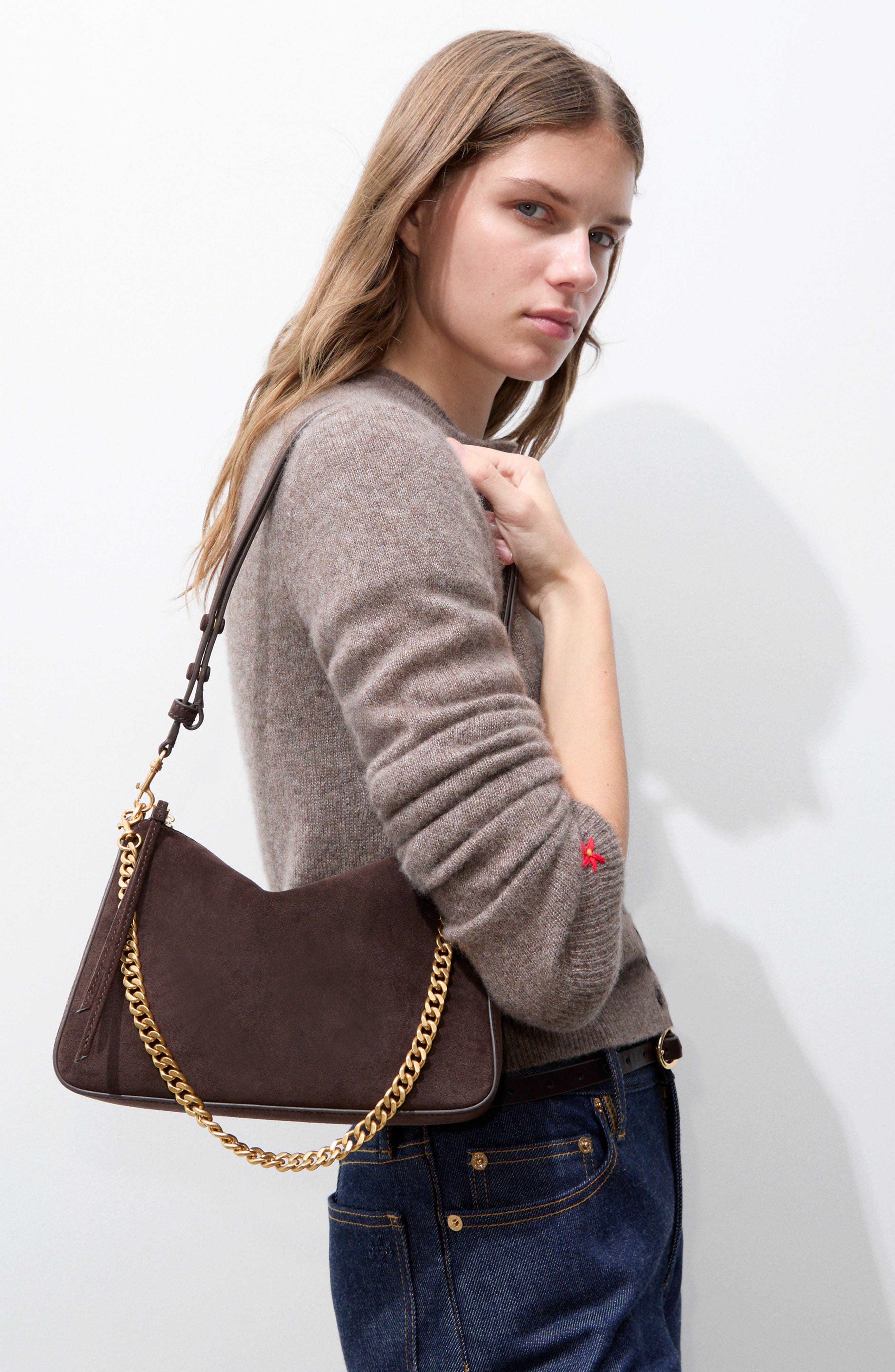 Perry Small Suede Shoulder Bag, Alternate, color, DEEP BROWN