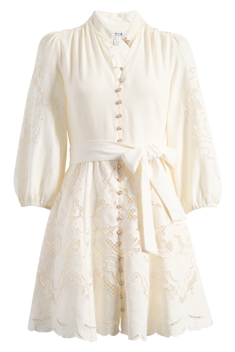 Embroidered Tie Waist Long Sleeve Mini Shirtdress, Alternate, color, IVORY