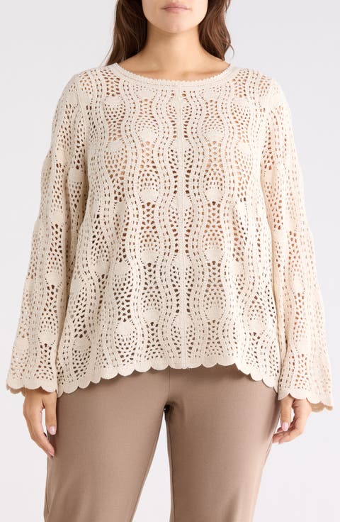 Long Sleeve Pointelle Sweater (Plus)