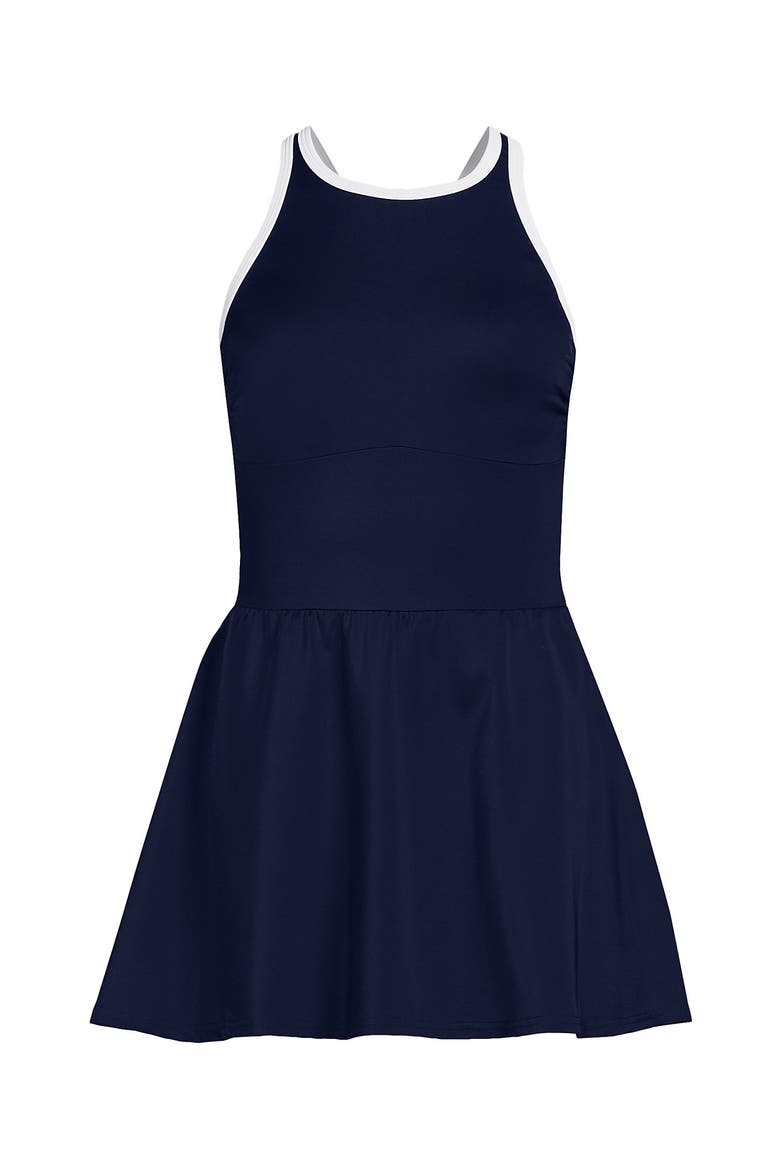 D-Cup Tugless High Neck Swim Dress Swimsuit, Alternate, color, Deep Sea Navy/White