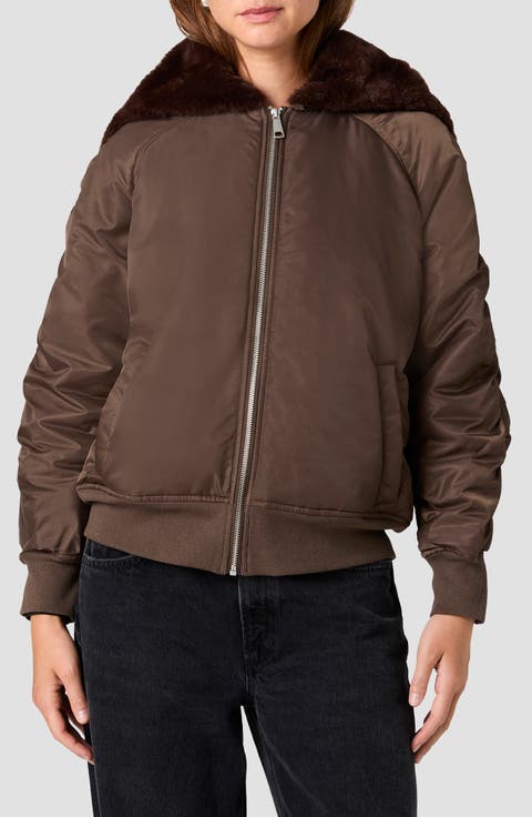Shirred Sleeve Faux Fur Collar Bomber Jacket