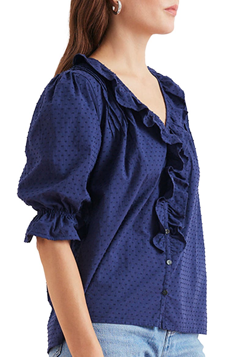 Chloe Swiss Dot Ruffle Shirt, Alternate, color, Navy