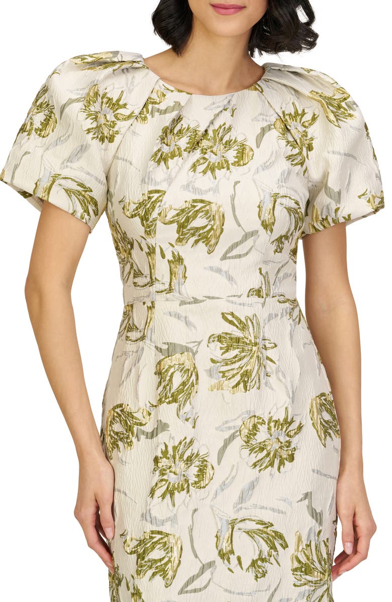 JS Collections Penny Metallic Floral Jacquard Sheath Gown, Alternate, color, Green/ Egret