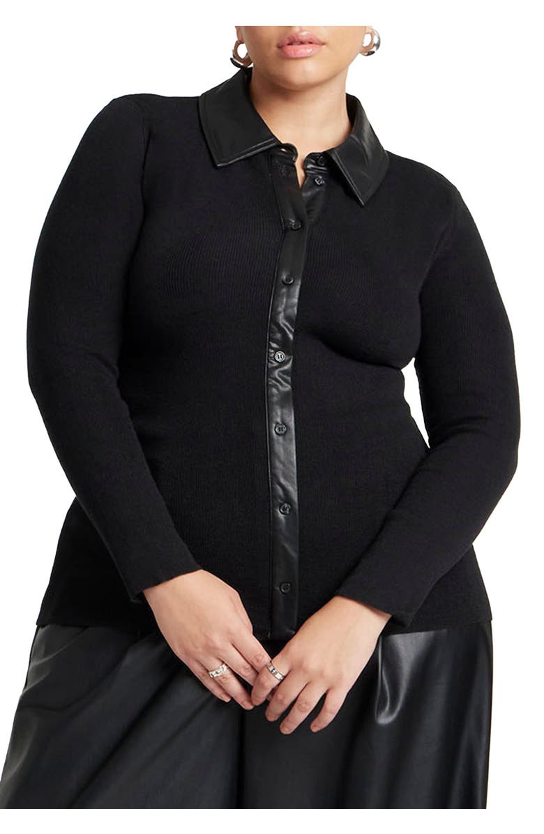 ELOQUII Faux Leather Detail Sweater, Main, color, Black Onyx