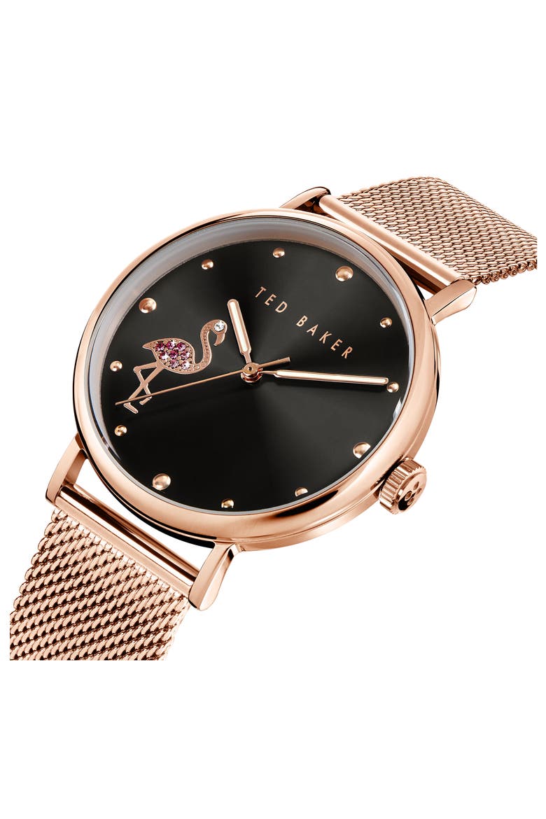 Ted Bake London Phylipa Crystal Flamingo Leather Strap Watch, 37mm, Alternate, color, ROSE GOLD