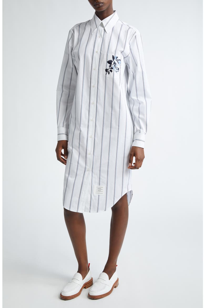 Floral Embroidered Stripe Long Sleeve Cotton Shirtdress, Alternate, color, WHITE