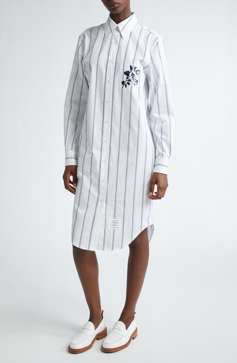Thom Browne Floral Embroidered Stripe Long Sleeve Cotton Shirtdress, Alternate, color, 