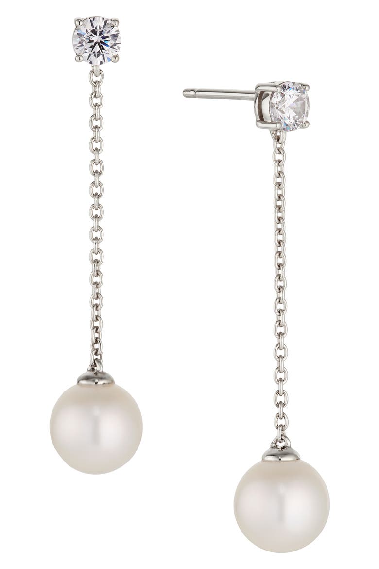 Pearl & Cubic Zirconia Linear Drop Earrings, Main, color, PEARL/ RHODIUM
