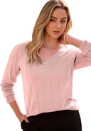 Roaman's Plus Size Drop Needle V Neck Lightweight Sweater Knit