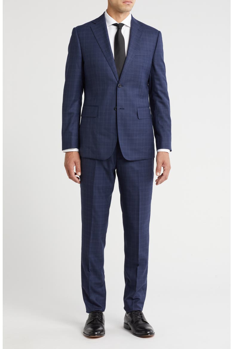 Plaid Trim Fit Notch Lapel Wool Blend Two-Piece Suit, Main, color, NAVY