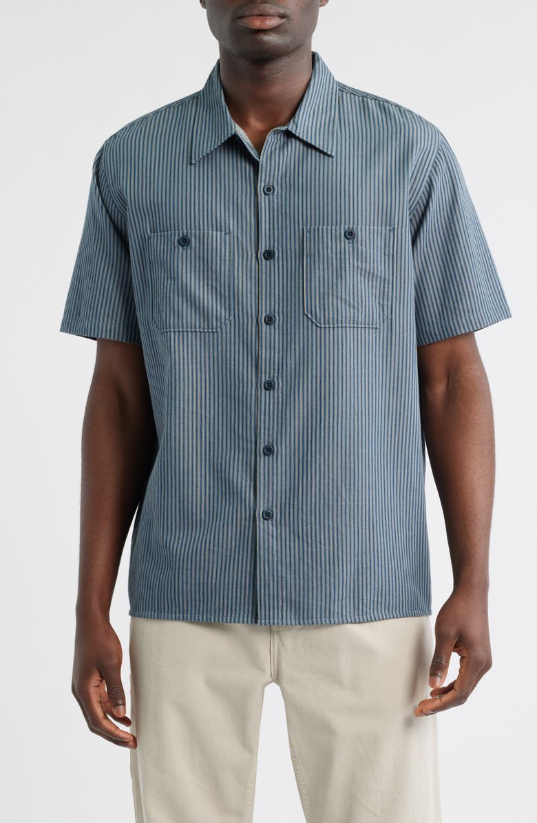 Roark Burnt Stripe Short Sleeve Organic Cotton Button-Up Shirt, Main, color, Indigo