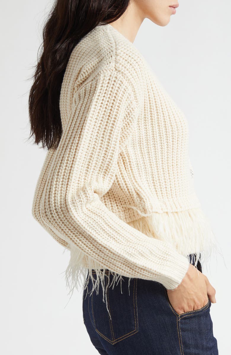 Cinq à Sept Krissi Embellished Button Feather Trim Cardigan, Alternate, color, Gardenia