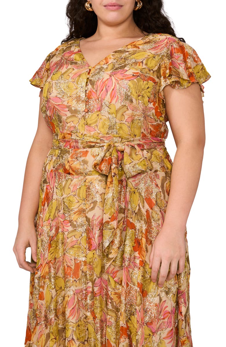 Vince Camuto Metallic Floral Flutter Sleeve Dress, Alternate, color, Crushed Orange
