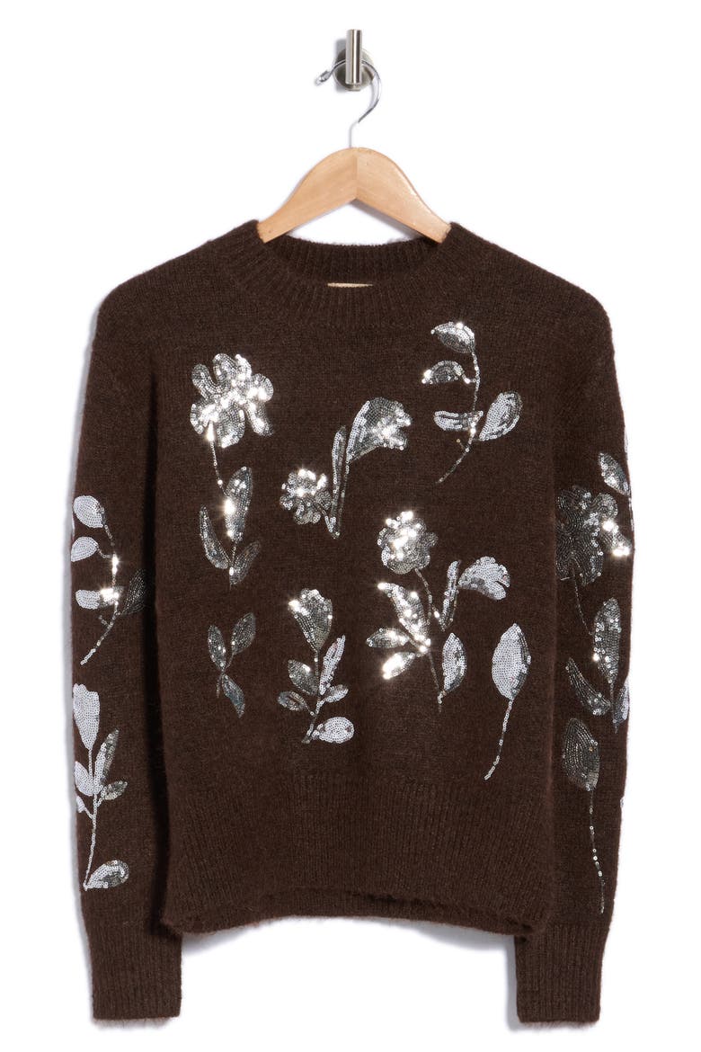 Floral Sequin Sweater, Main, color, CHOCOLATE BROWN