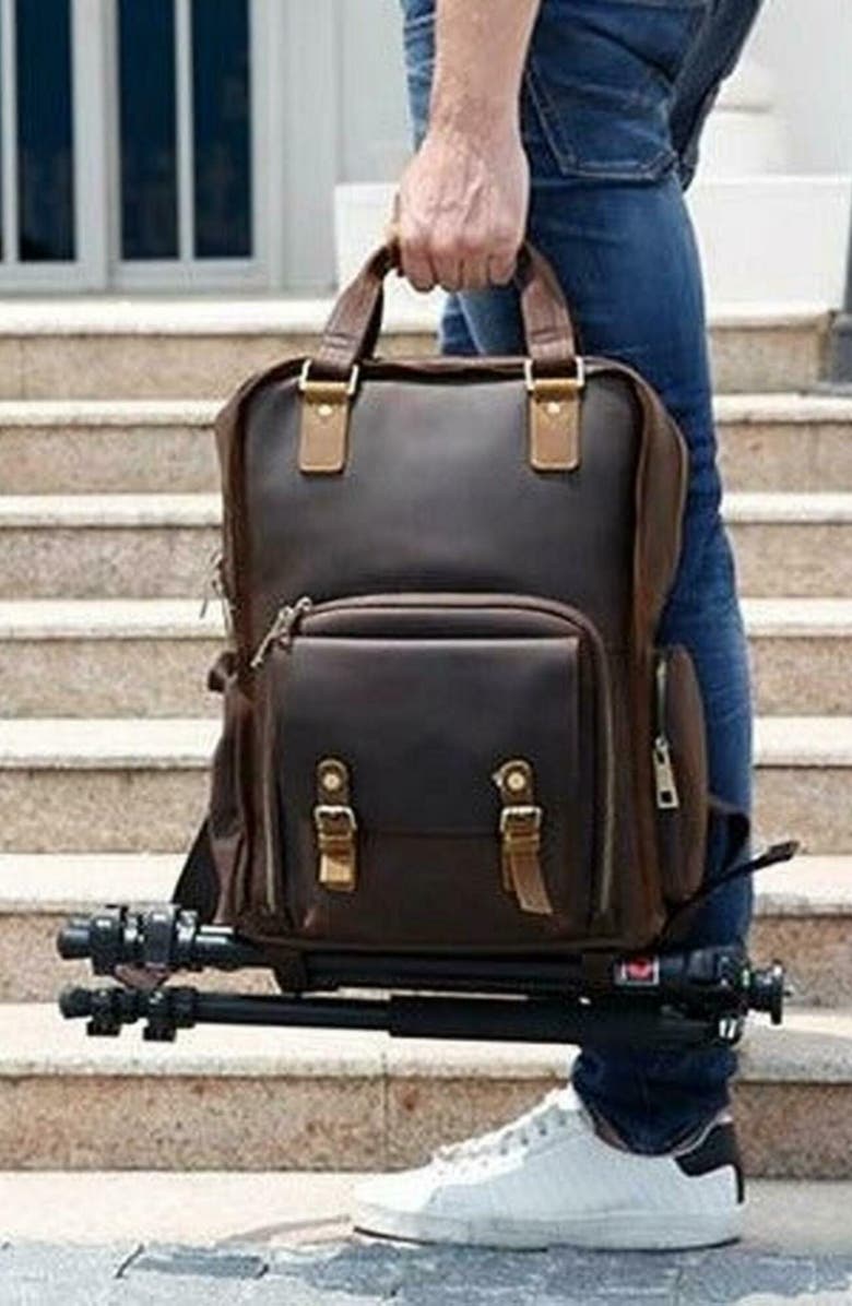 STEEL HORSE LEATHER The Gaetano | Large Leather Backpack Camera Bag with Tripod Holder, Alternate, color, Dark Brown