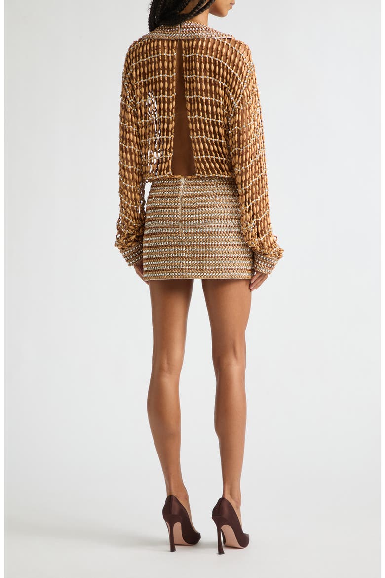 Beaded Long Sleeve Plunge Neck Minidress, Alternate, color, NATURAL/ CLEAR