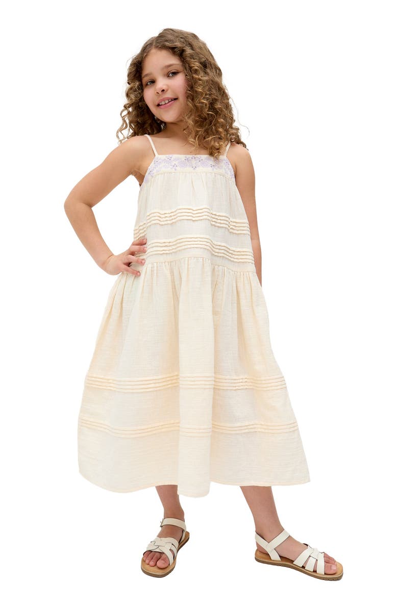 Raffya Kids Swish Pin Tuck Embroidered Dress, Alternate, color, Ecru