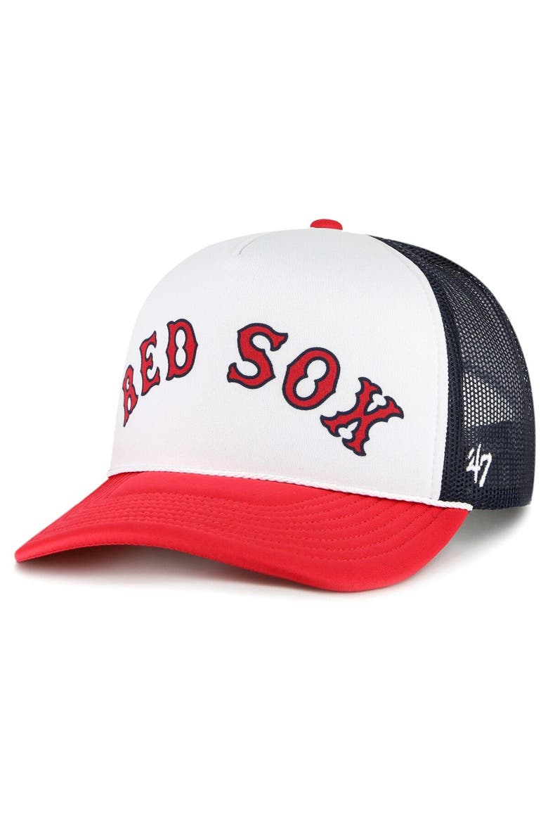 Men's '47 White Boston Red Sox Foam Front Script Trucker Snapback Hat, Main, color, White
