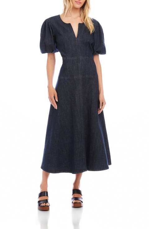 Denim Puff Sleeve A-Line Dress