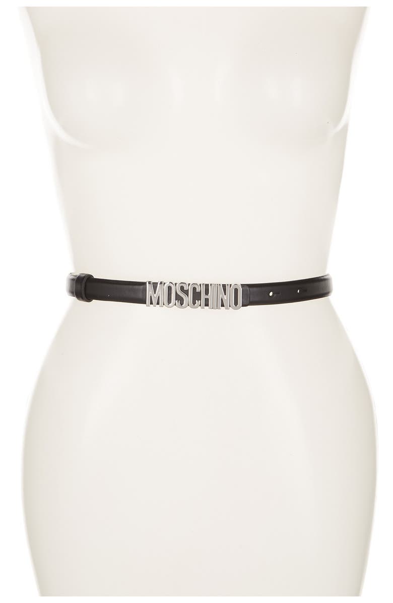 Moschino Thin Leather Logo Belt, Main, color, 