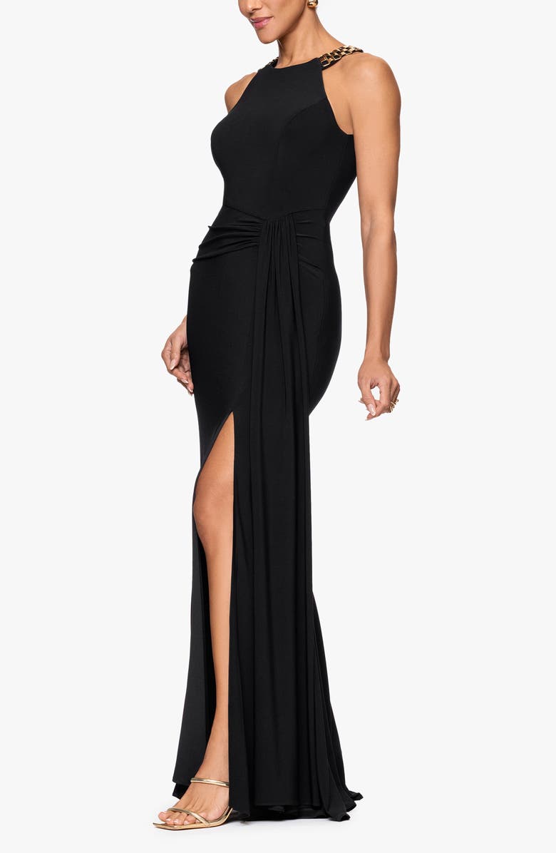 Xscape Evenings Chain Neck Detail Sheath Gown, Alternate, color, Black/ Gold