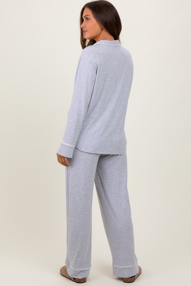 Button Down Top Wide Leg Pant Pajama Set, Alternate, color, Heather Grey