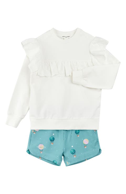 Organic Cotton French Terry Ruffle Sweatshirt & Hot-Air Balloon Print Shorts Set (Baby)