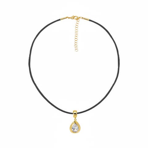 Colored CZ Pear Bezel Pendant & Rope Chain Choker Necklace