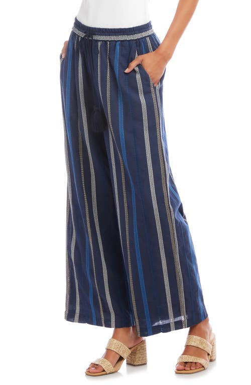Karen Kane Stripe Embroidered Wide Leg Cotton Pants In Blue