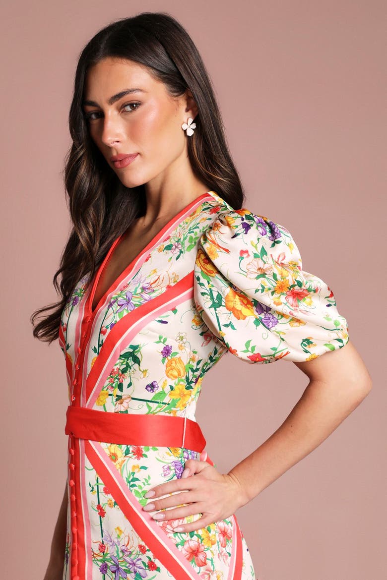 Satin Scarf Print V-Neck Midi Dress, Alternate, color, Ivory