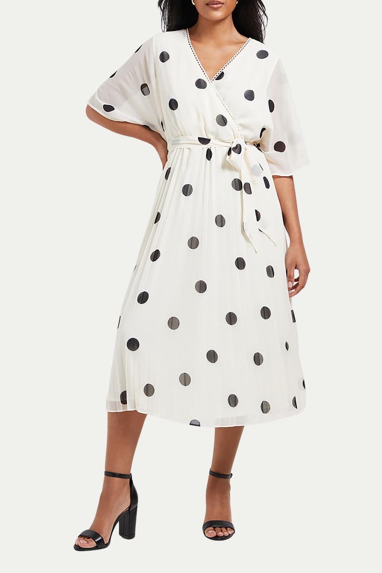 Petite Spot Pleated Midi Dress, Alternate, color, Ivory