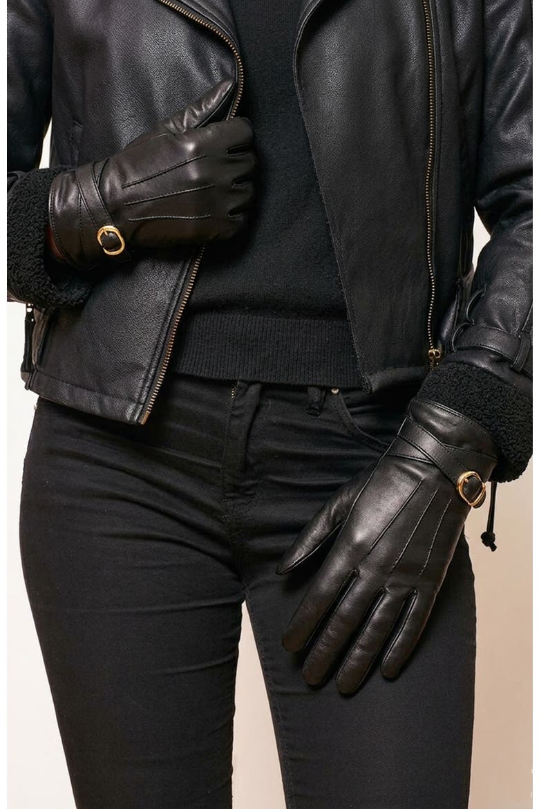 Belted leather gloves, Alternate, color, BLACK