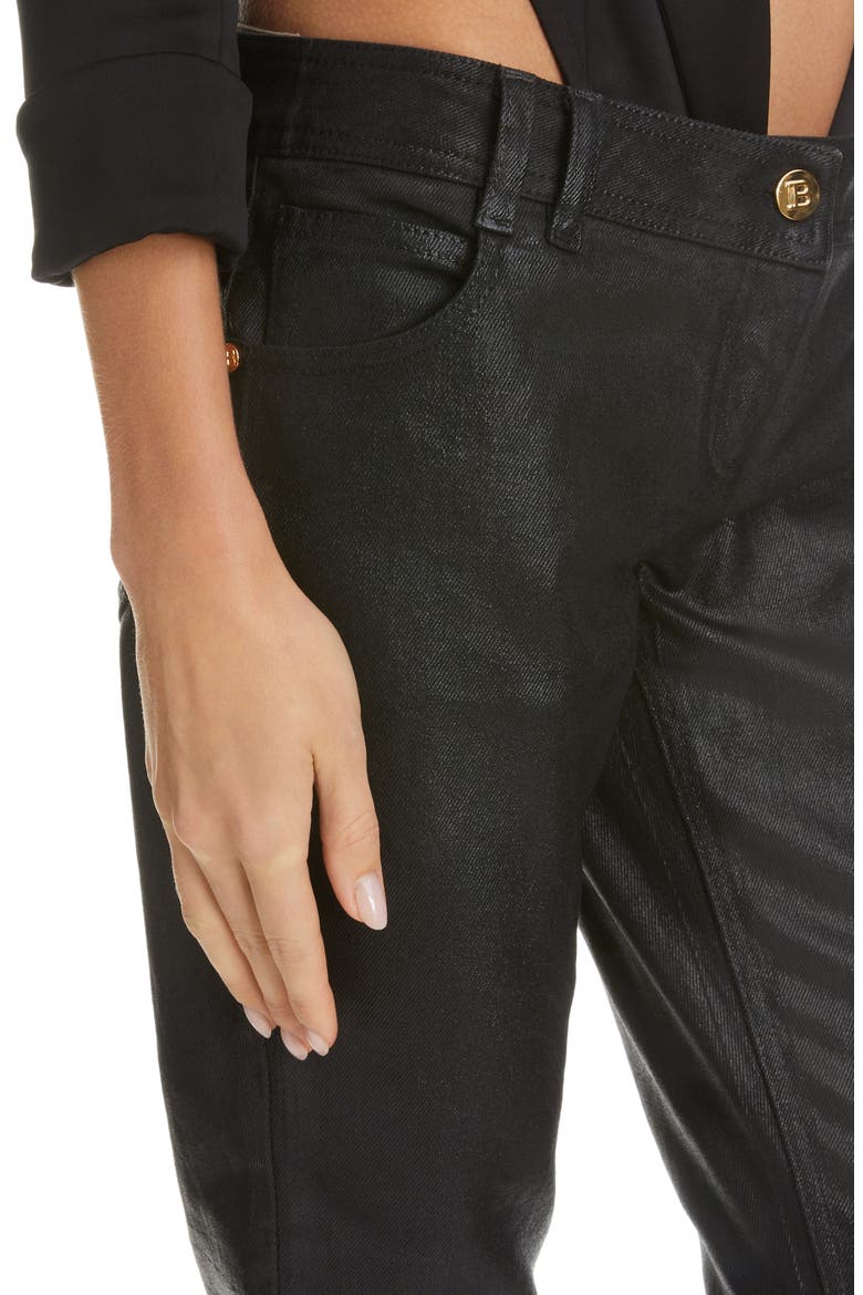 Coated Low Rise Flare Cuff Bootcut Jeans, Alternate, color, NOIR