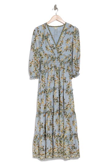 Max Studio Floral Balloon Sleeve Tiered Maxi Dress In Blue Daisy Flutter