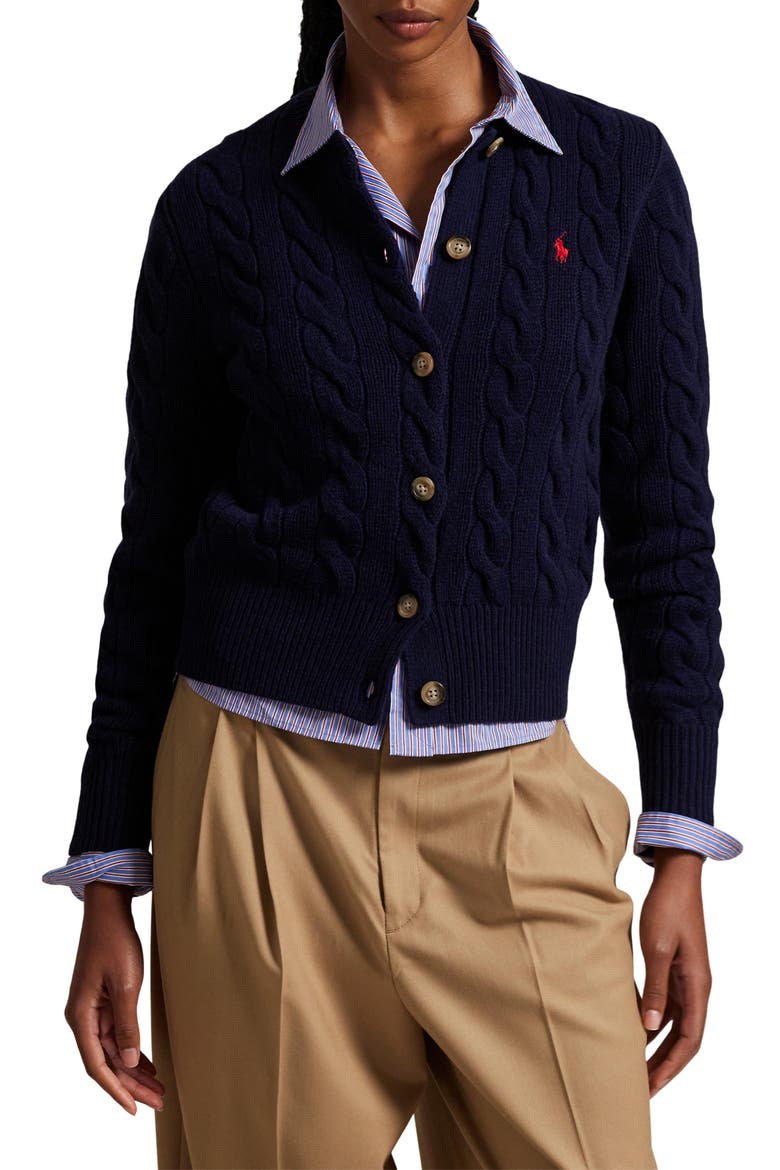 Cable Knit Wool & Cashmere Cardigan, Main, color, HUNTER NAVY