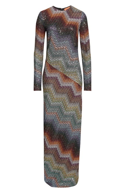 Greek Zigzag Sequin Lamé Long Sleeve Dress