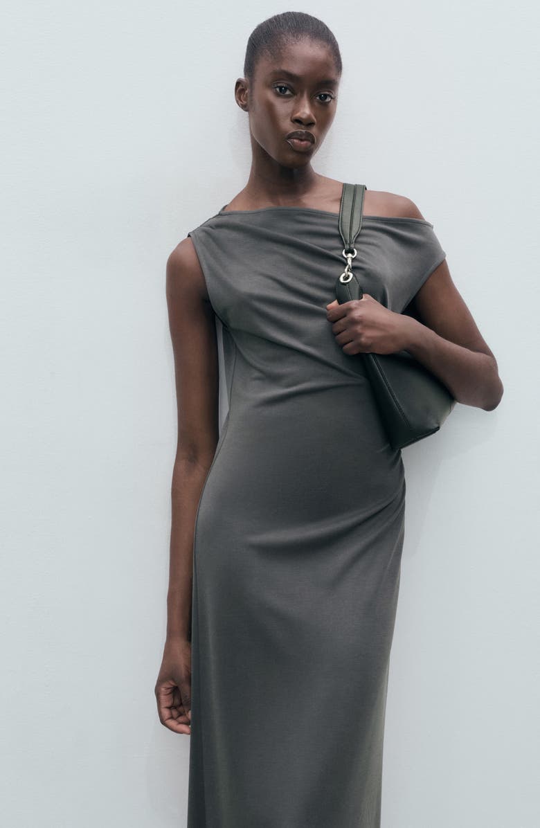 MANGO Asymmetric Pleated Maxi Dress, Alternate, color, Charcoal