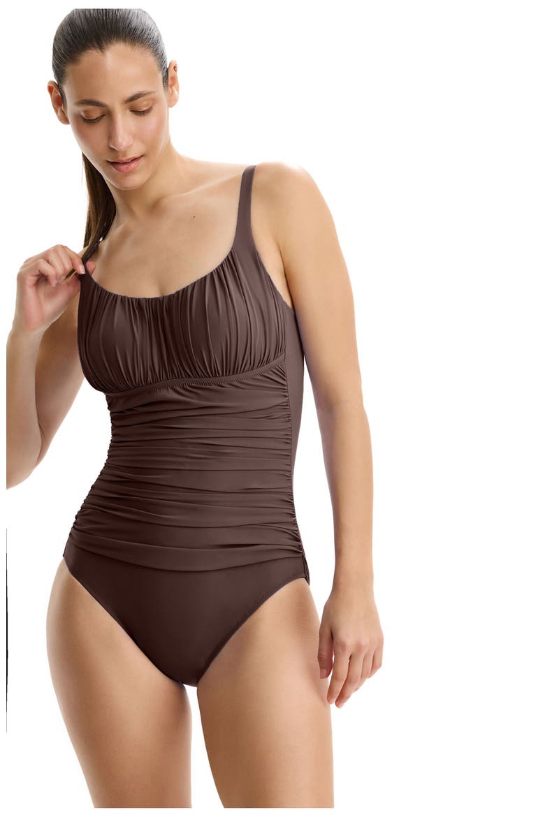 Tutti Frutti Shirred Peasant One Piece, Alternate, color, Espresso