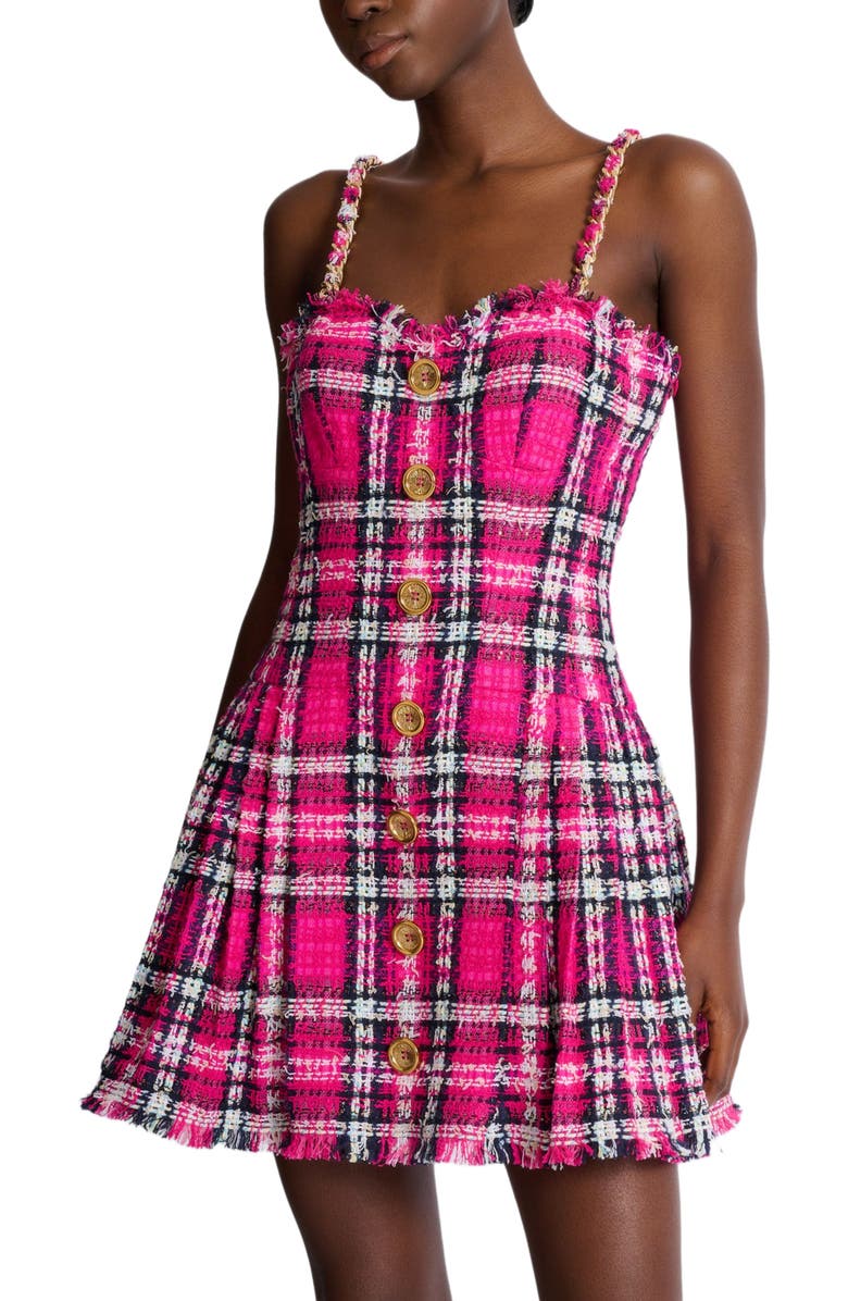 Balmain Plaid dress with chain straps, Alternate, color, Pink