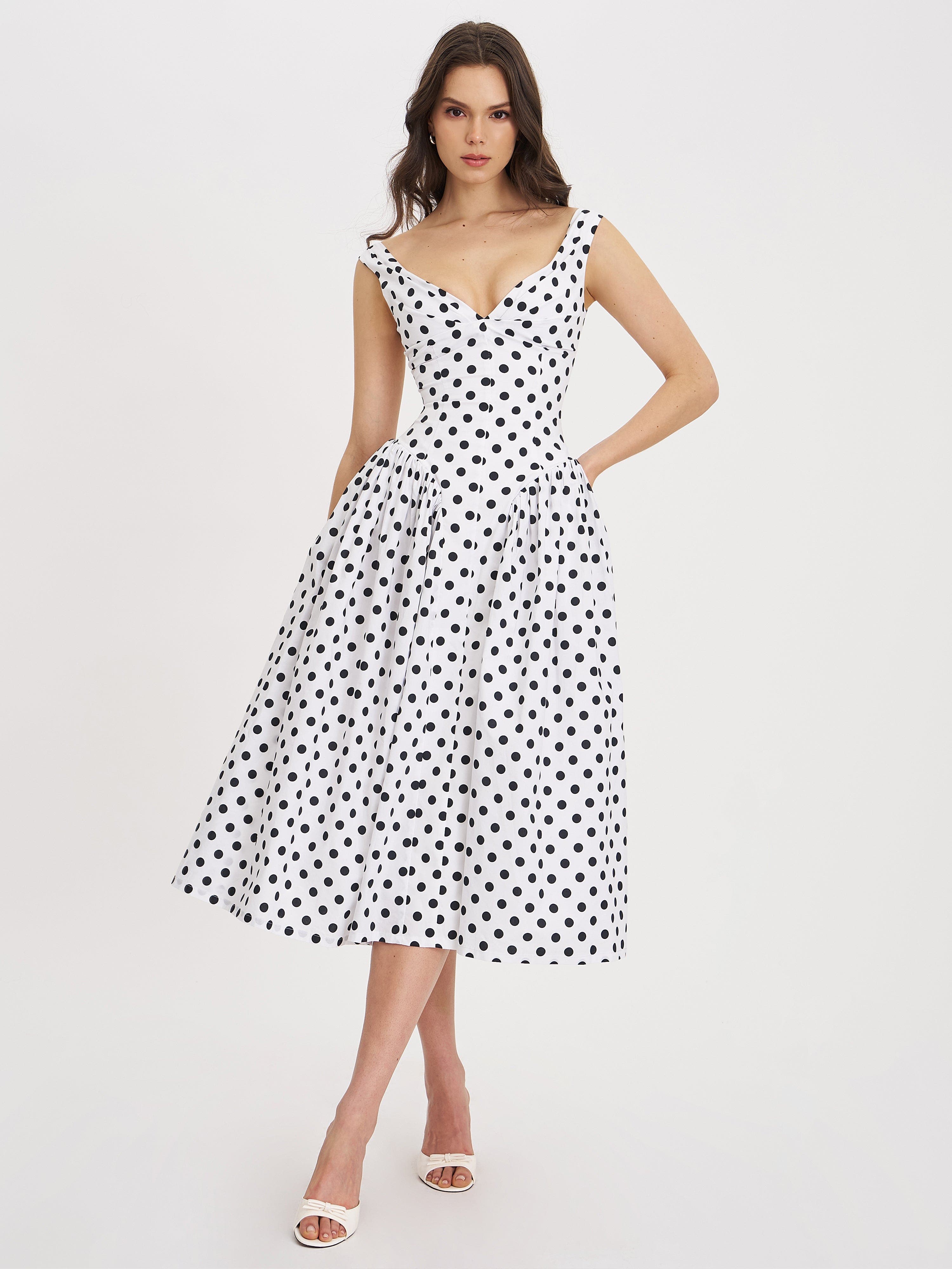 rahma polka dot drop waist midi cotton poplin dress Rahma Polka Dot Cotton Poplin Drop Waist Midi Dress