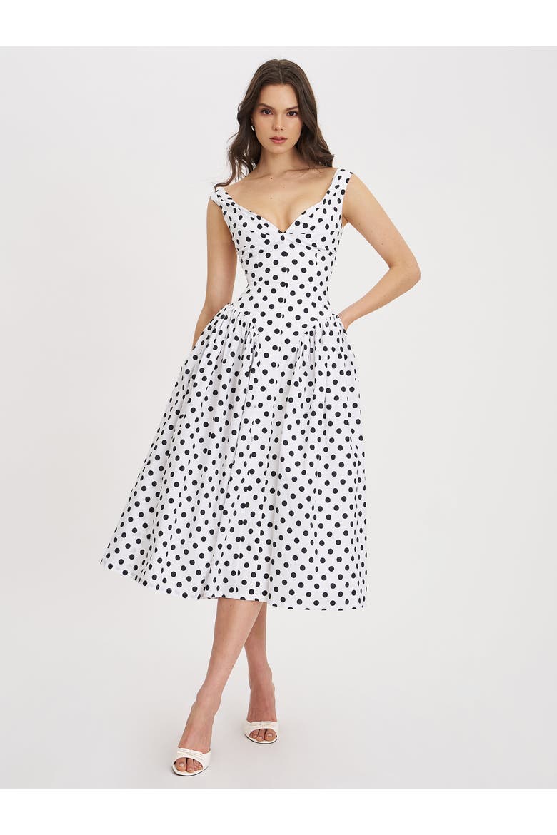 Rahma Polka Dot Drop Waist Midi Cotton Poplin Dress, Alternate, color, White with polka dot print