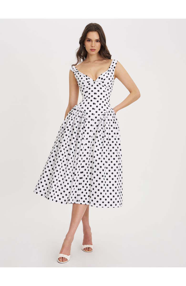 Miss Circle Rahma Polka Dot Drop Waist Midi Cotton Poplin Dress, Alternate, color, White With Polka Dot Print